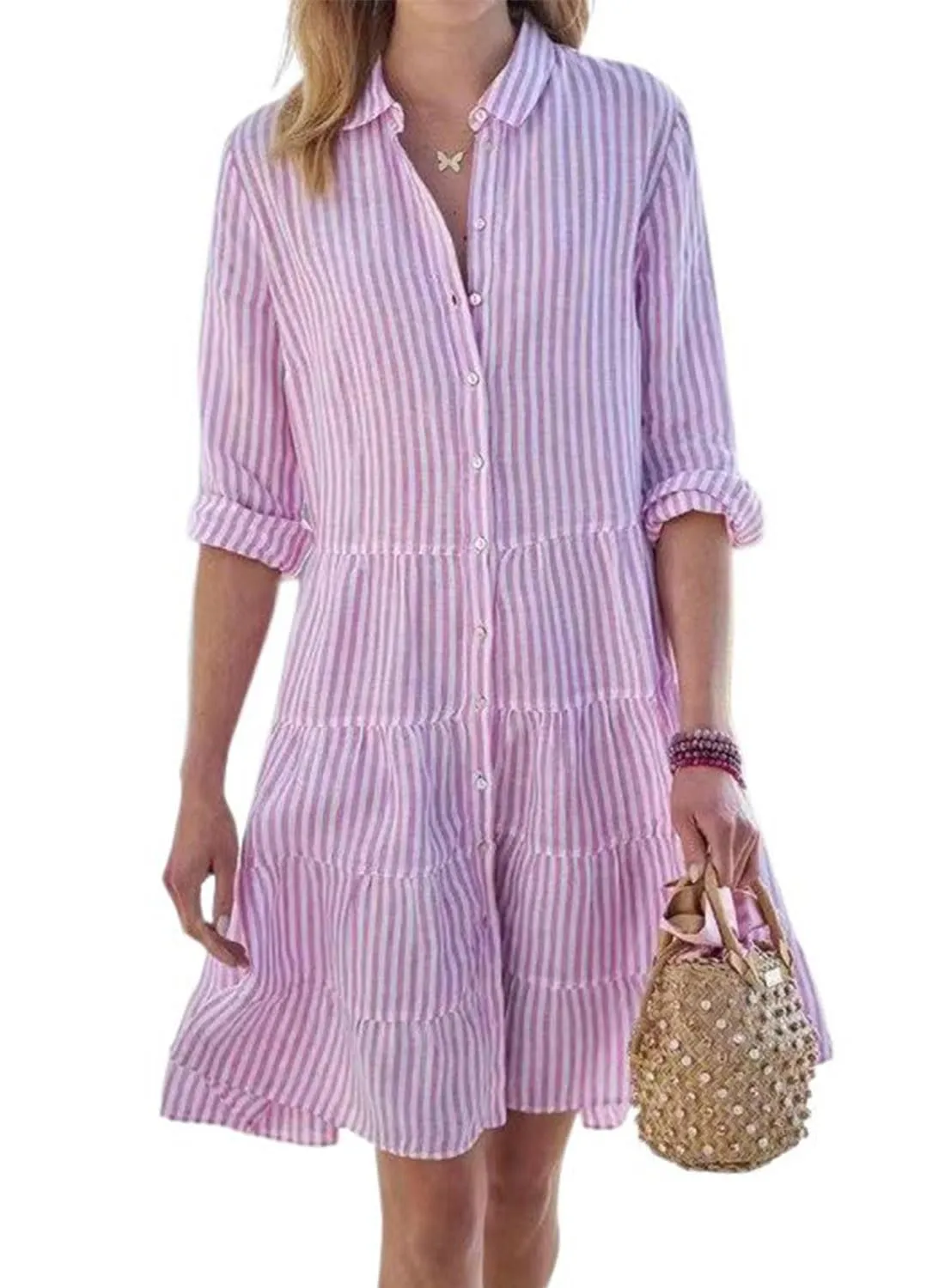 Chouyatou Womens Striped Button Down Midi Shirt Dress Casual Loose Cuffed Long Sleeve Mid Long Dresses