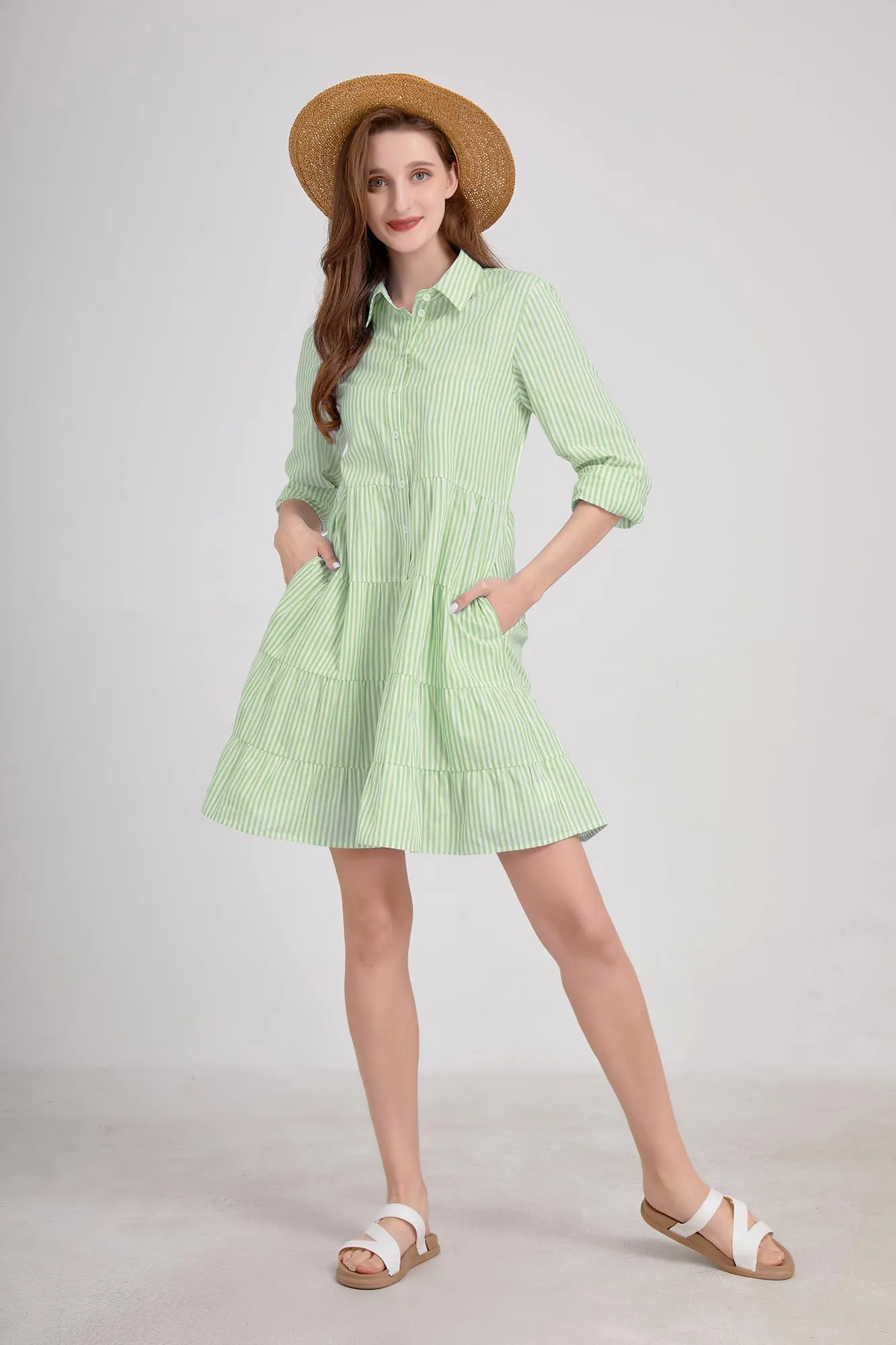 Chouyatou Womens Striped Button Down Midi Shirt Dress Casual Loose Cuffed Long Sleeve Mid Long Dresses