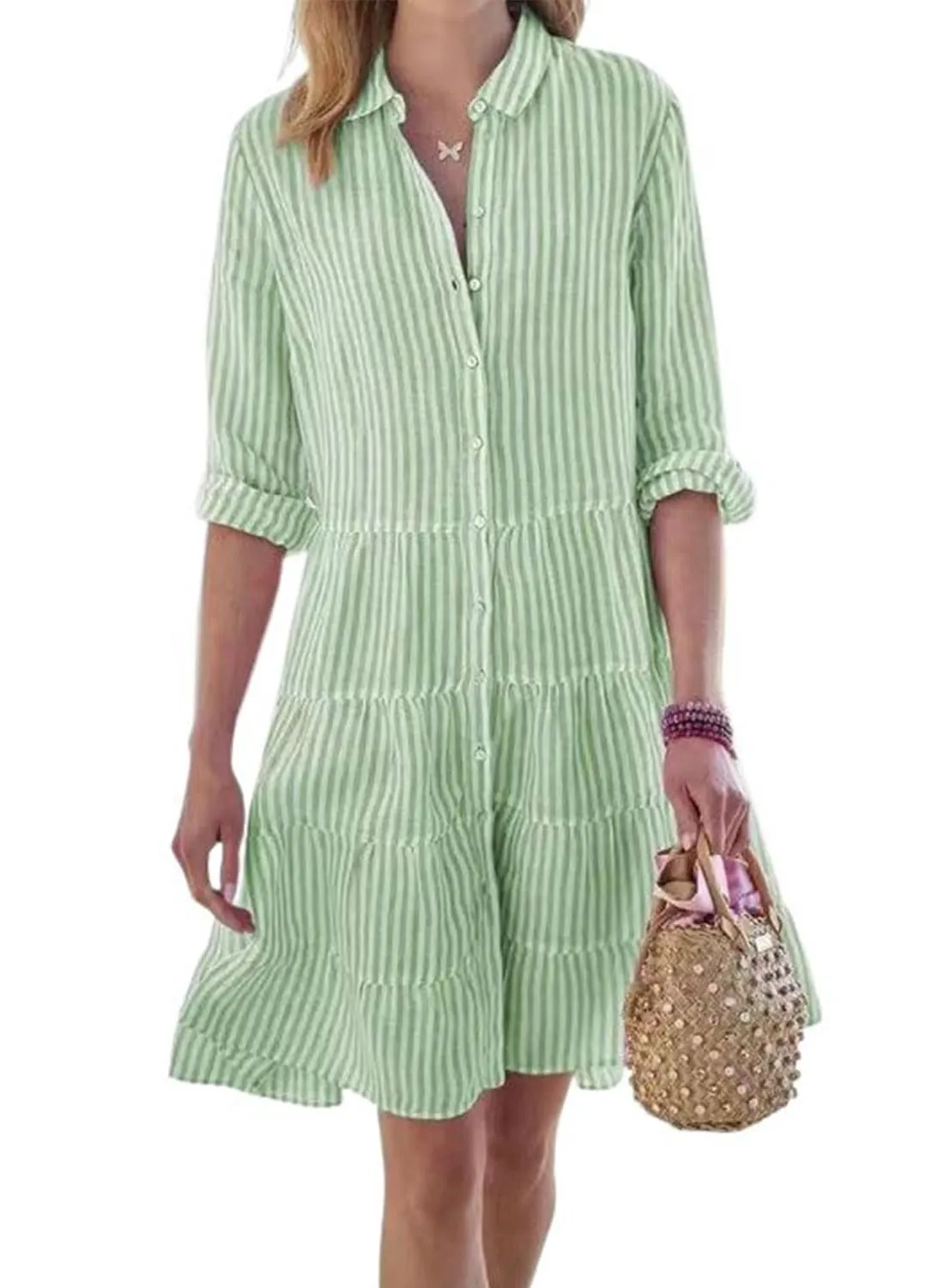 Chouyatou Womens Striped Button Down Midi Shirt Dress Casual Loose Cuffed Long Sleeve Mid Long Dresses