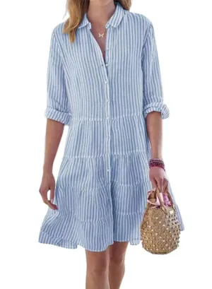 Chouyatou Womens Striped Button Down Midi Shirt Dress Casual Loose Cuffed Long Sleeve Mid Long Dresses