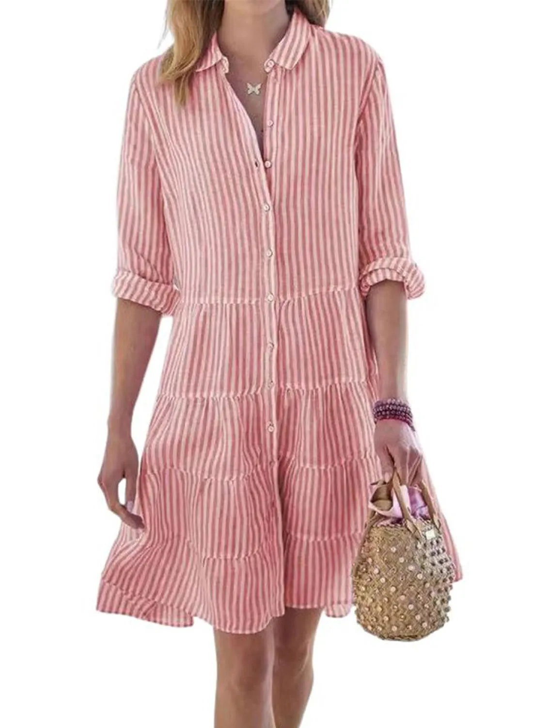 Chouyatou Womens Striped Button Down Midi Shirt Dress Casual Loose Cuffed Long Sleeve Mid Long Dresses