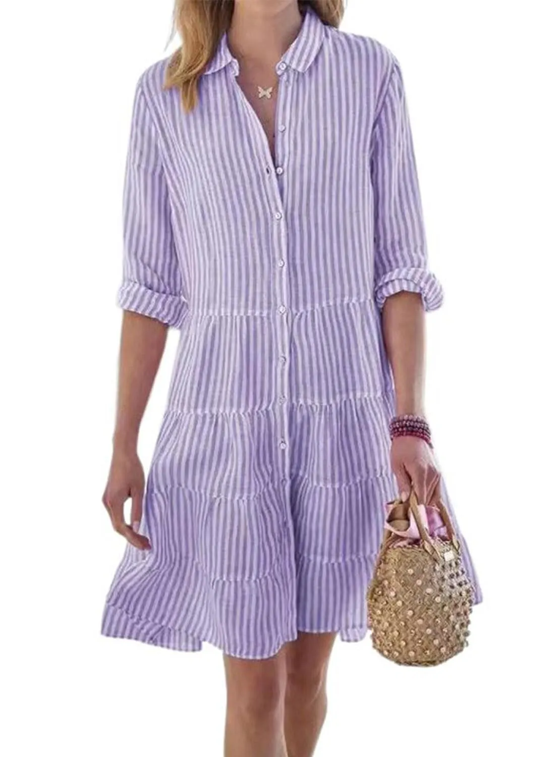 Chouyatou Womens Striped Button Down Midi Shirt Dress Casual Loose Cuffed Long Sleeve Mid Long Dresses