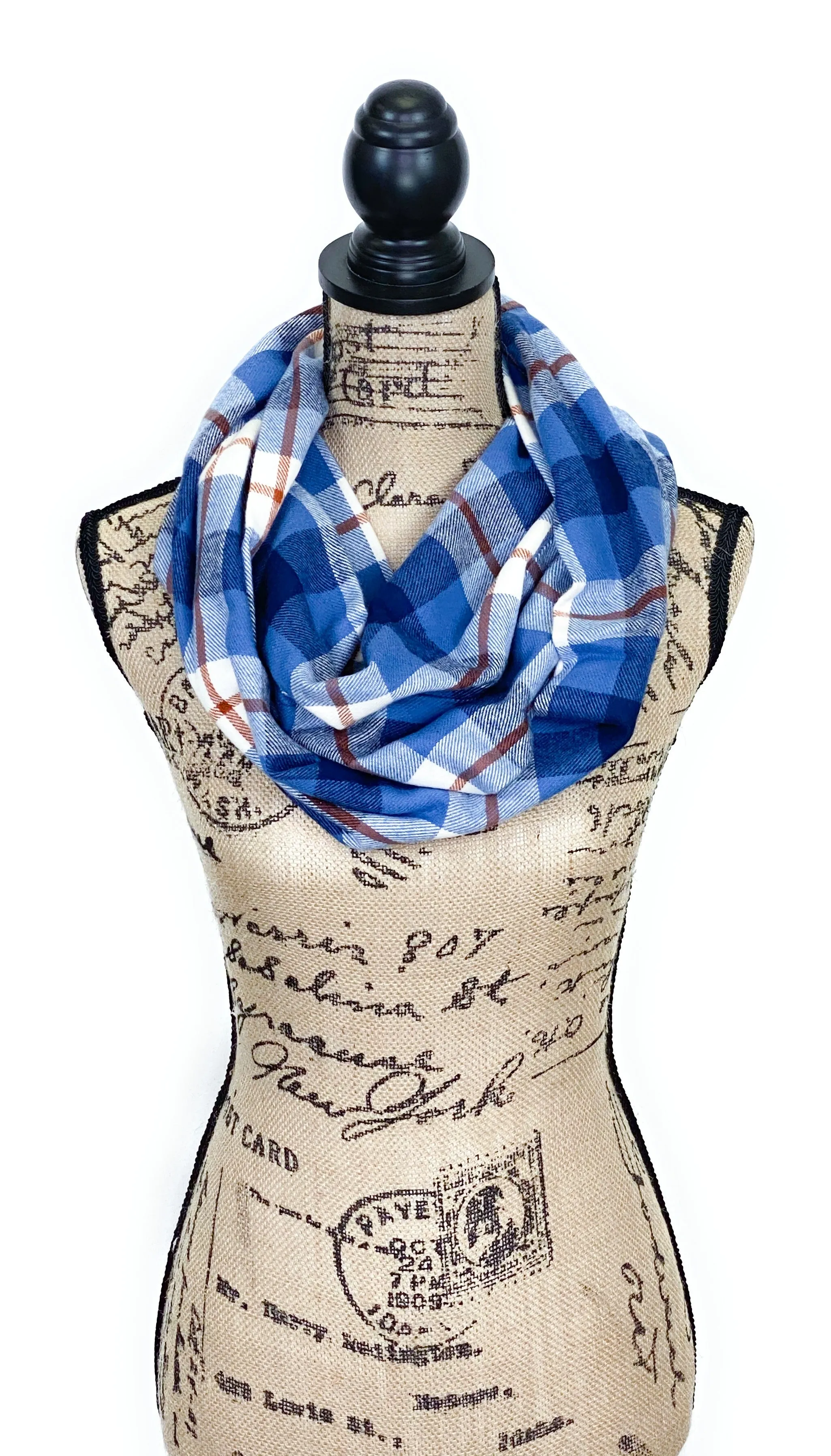 Cornflower Blues, Navy, White, and Burnt Orange Medium Weight Flannel Scarf