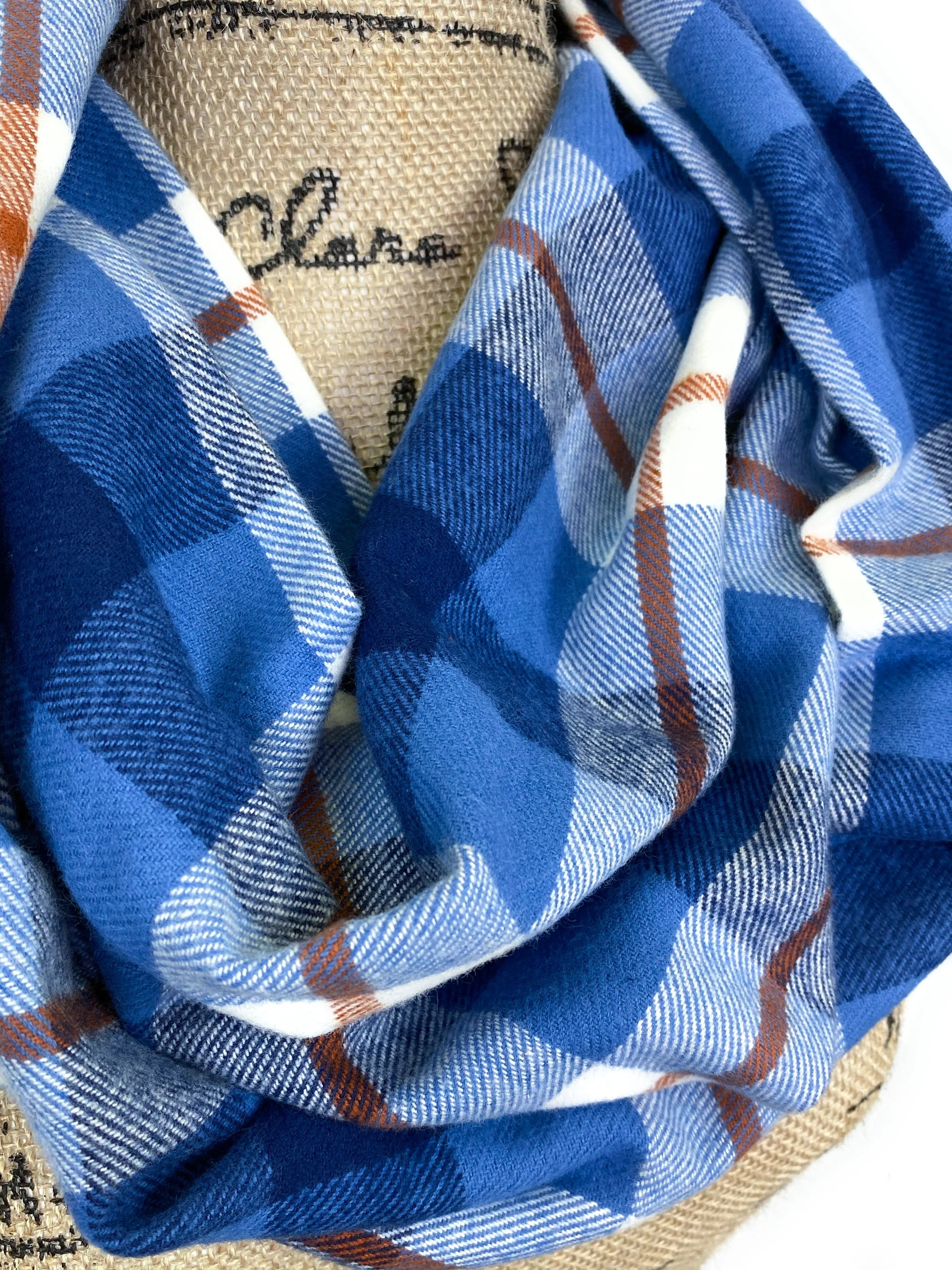 Cornflower Blues, Navy, White, and Burnt Orange Medium Weight Flannel Scarf