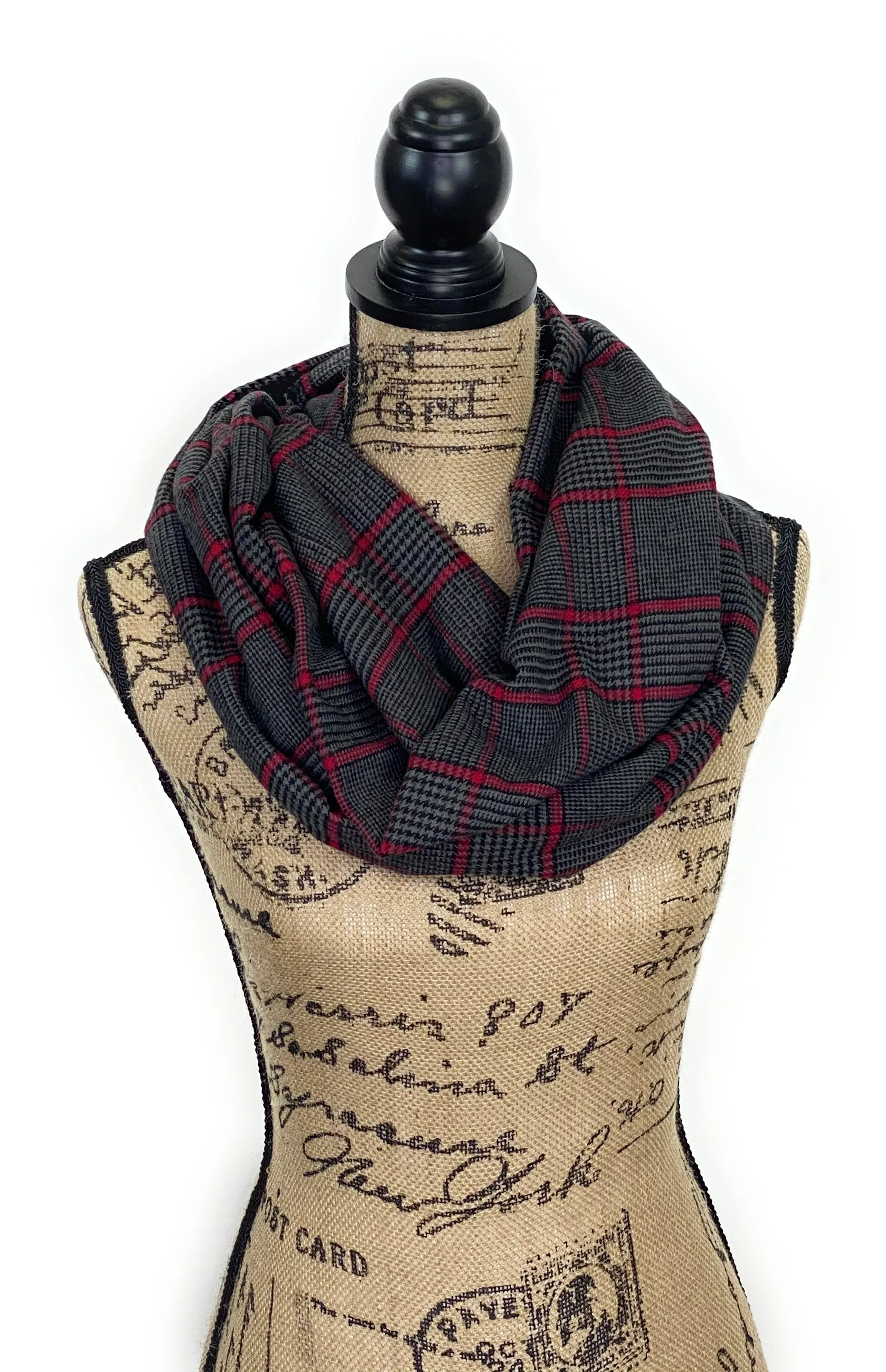 Dark Gray, Black, and Red Houndstooth Plaid Medium Weight Flannel Scarf