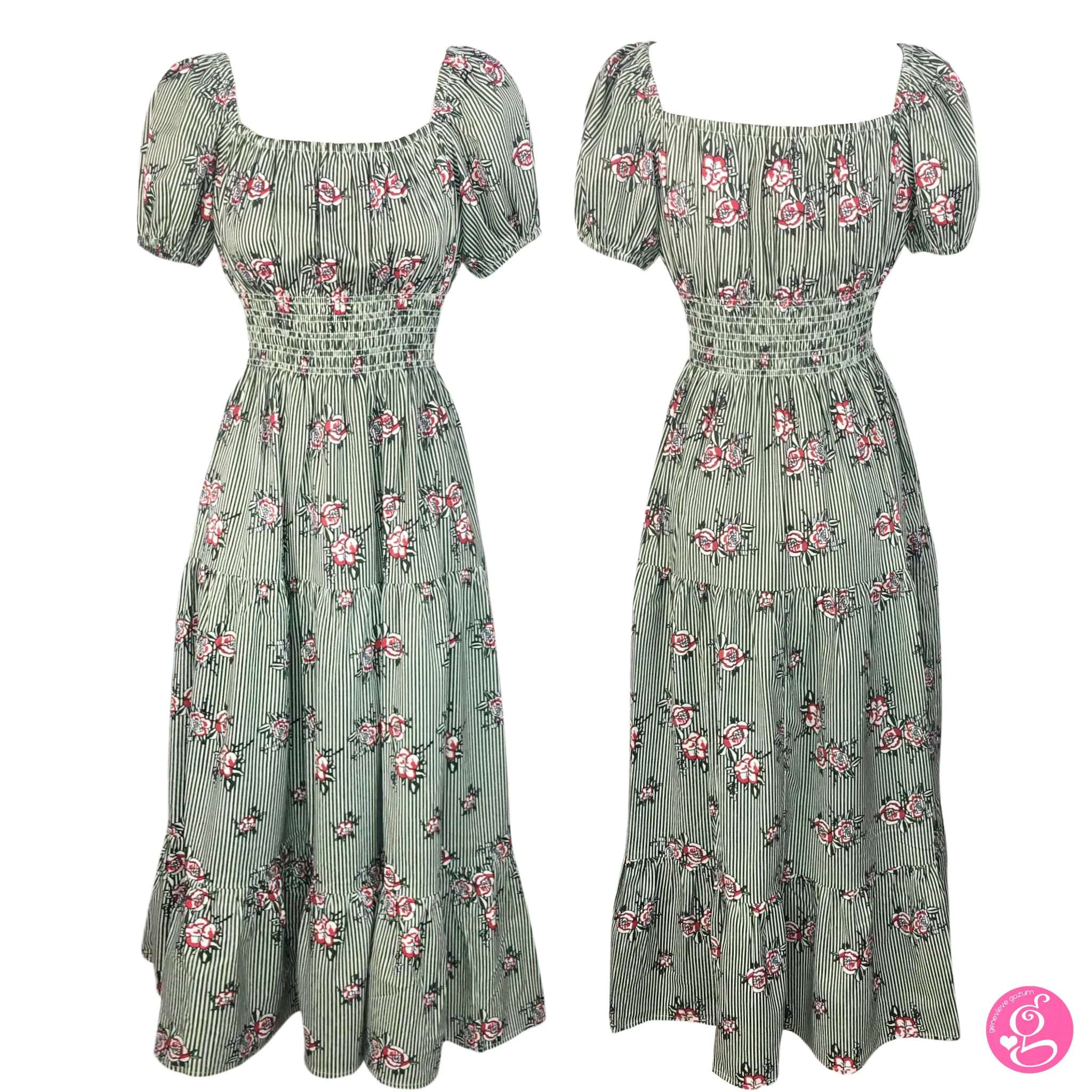 Deep Square Neck Maxi Dress Pinstripes and Roses