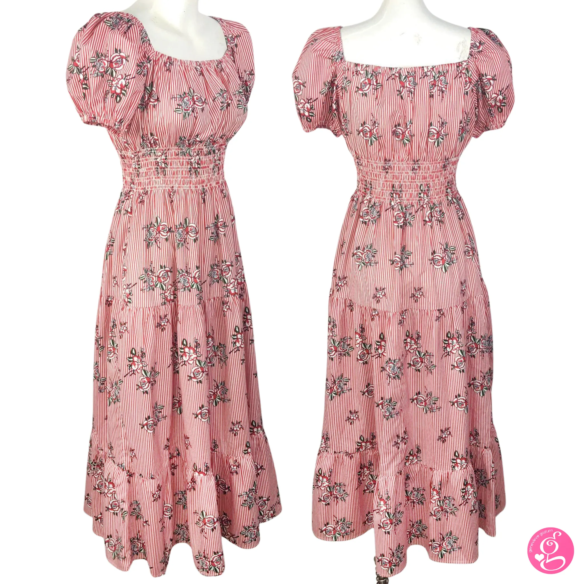 Deep Square Neck Maxi Dress Pinstripes and Roses