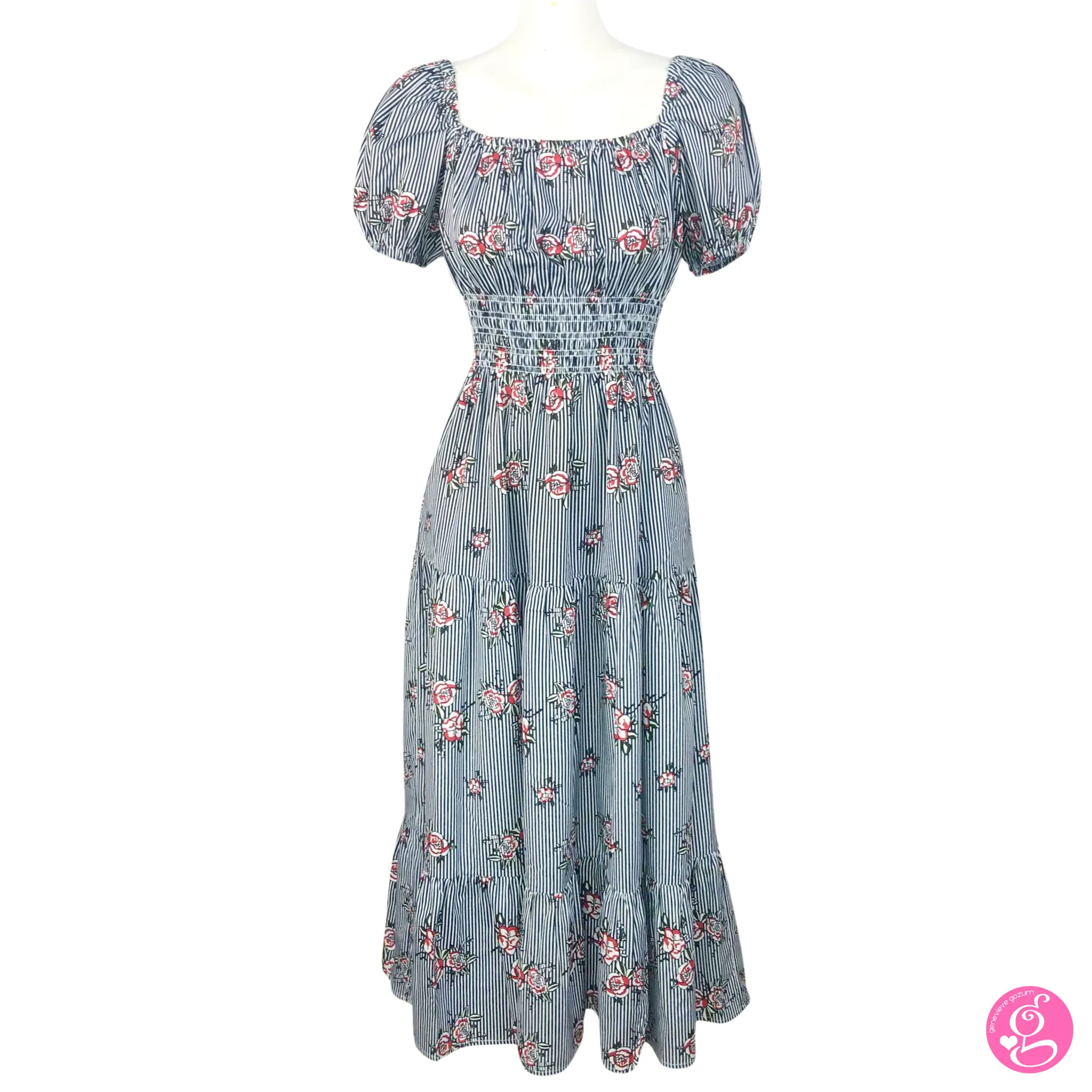 Deep Square Neck Maxi Dress Pinstripes and Roses