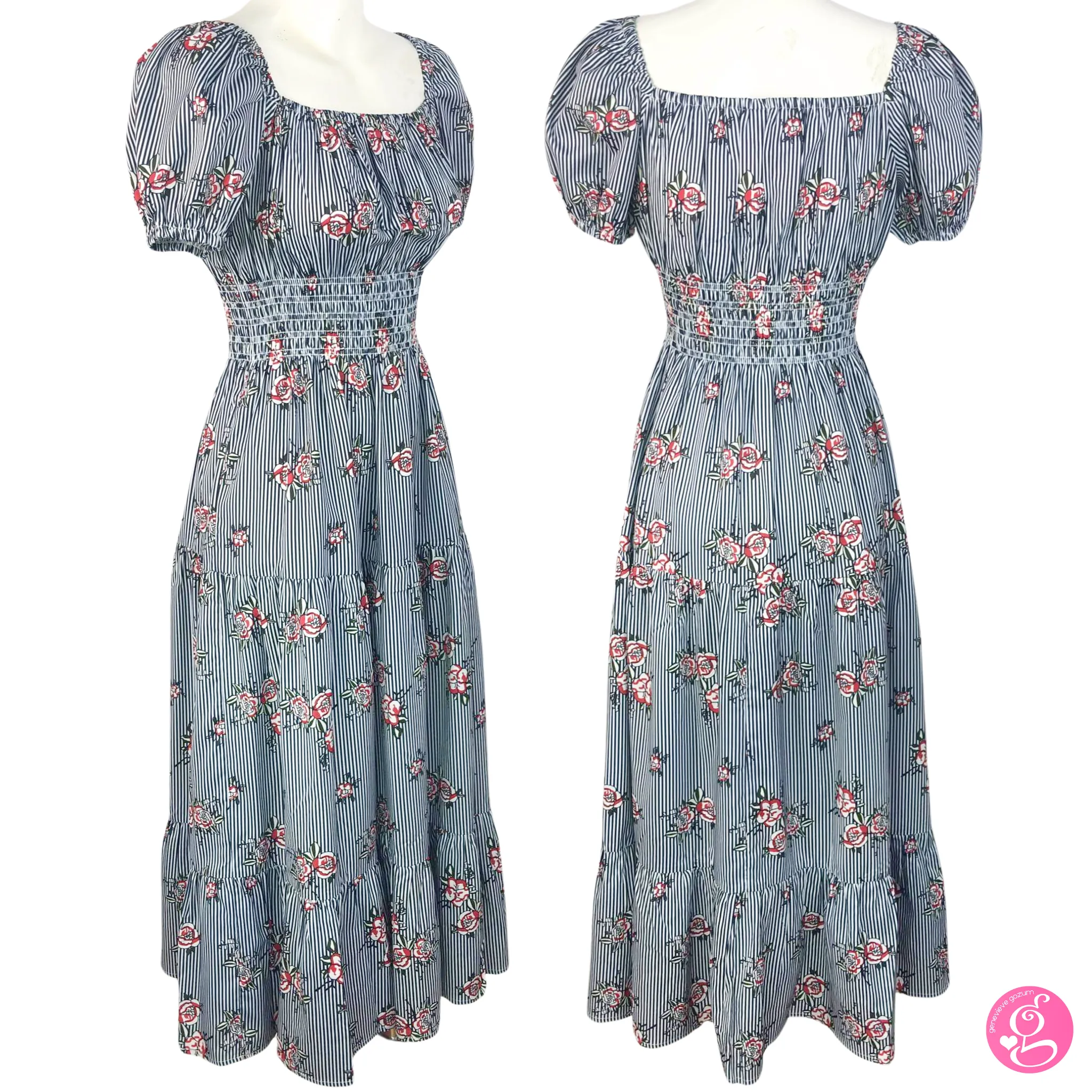Deep Square Neck Maxi Dress Pinstripes and Roses