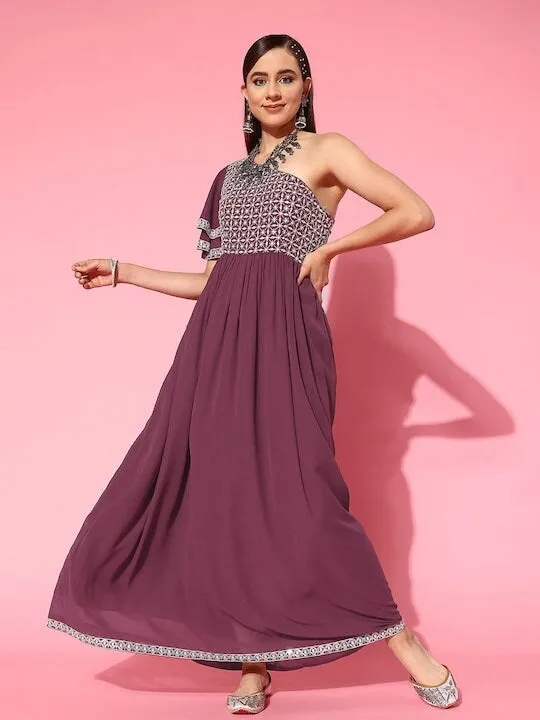 Designer Embroidered One Shoulder Indian Dress For Women
