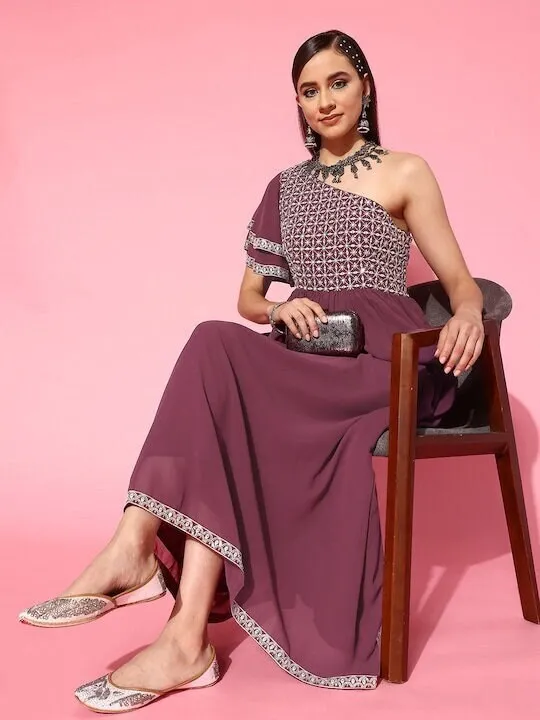 Designer Embroidered One Shoulder Indian Dress For Women