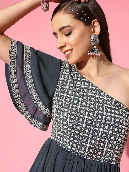 Designer Embroidered One Shoulder Indian Dress For Women