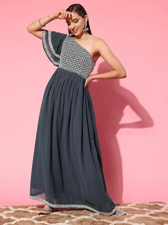 Designer Embroidered One Shoulder Indian Dress For Women