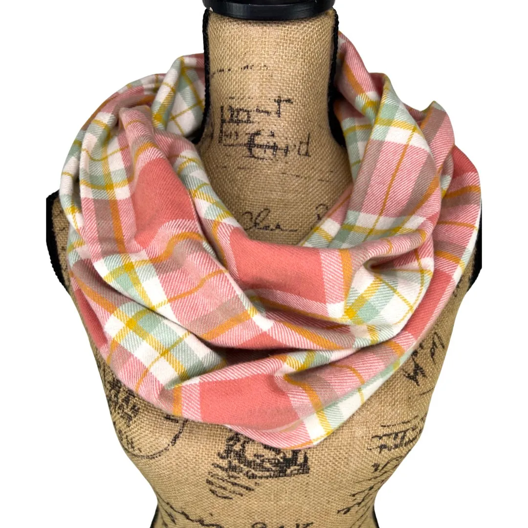 Dusty Salmon Pink, Sage, White and Mustard Yellow Plaid Flannel Infinity or Blanket Scarf