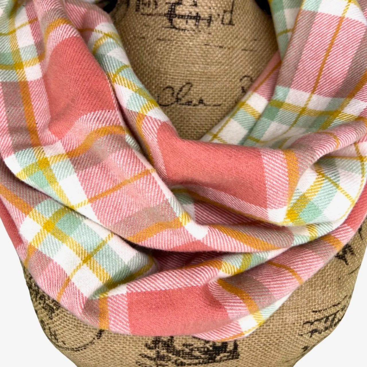 Dusty Salmon Pink, Sage, White and Mustard Yellow Plaid Flannel Infinity or Blanket Scarf