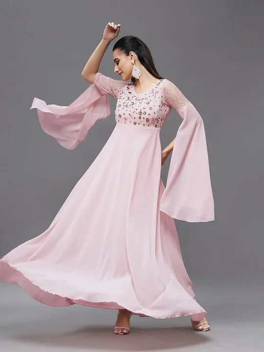 Embellished Statement Sleeves V-Neck A-Line Party Dress For Women