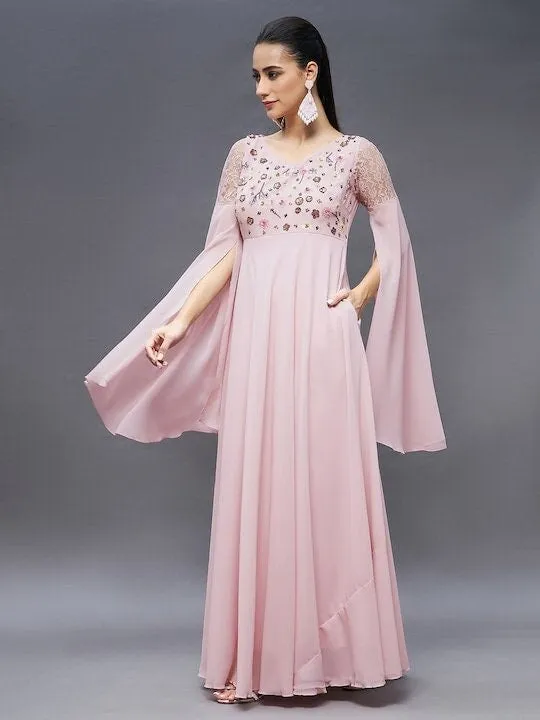 Embellished Statement Sleeves V-Neck A-Line Party Dress For Women