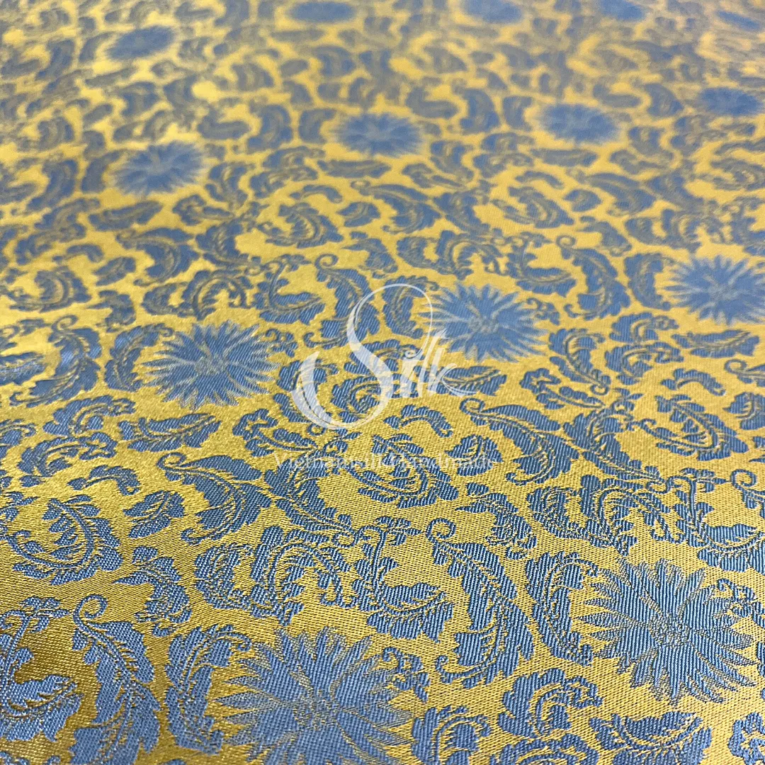 Golden Silk with Grey Flowers - PURE MULBERRY SILK fabric by the yard -  Floral Silk -Luxury Silk - Natural silk - Handmade in VietNam