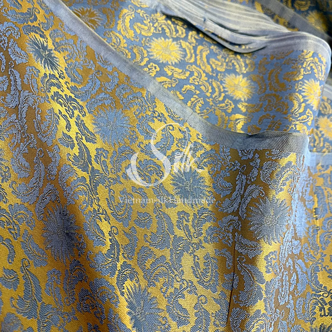 Golden Silk with Grey Flowers - PURE MULBERRY SILK fabric by the yard -  Floral Silk -Luxury Silk - Natural silk - Handmade in VietNam