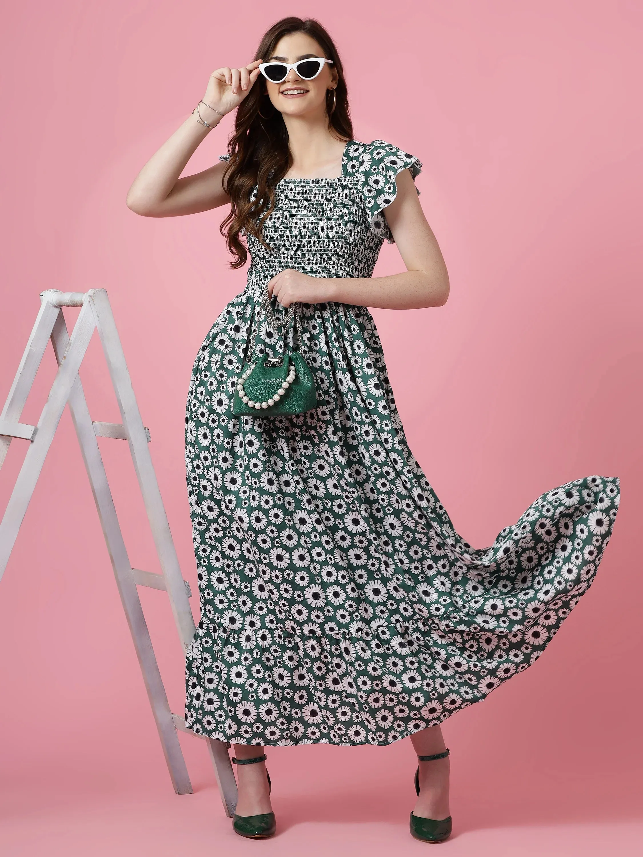 Green Floral Square Neck Maxi Dress