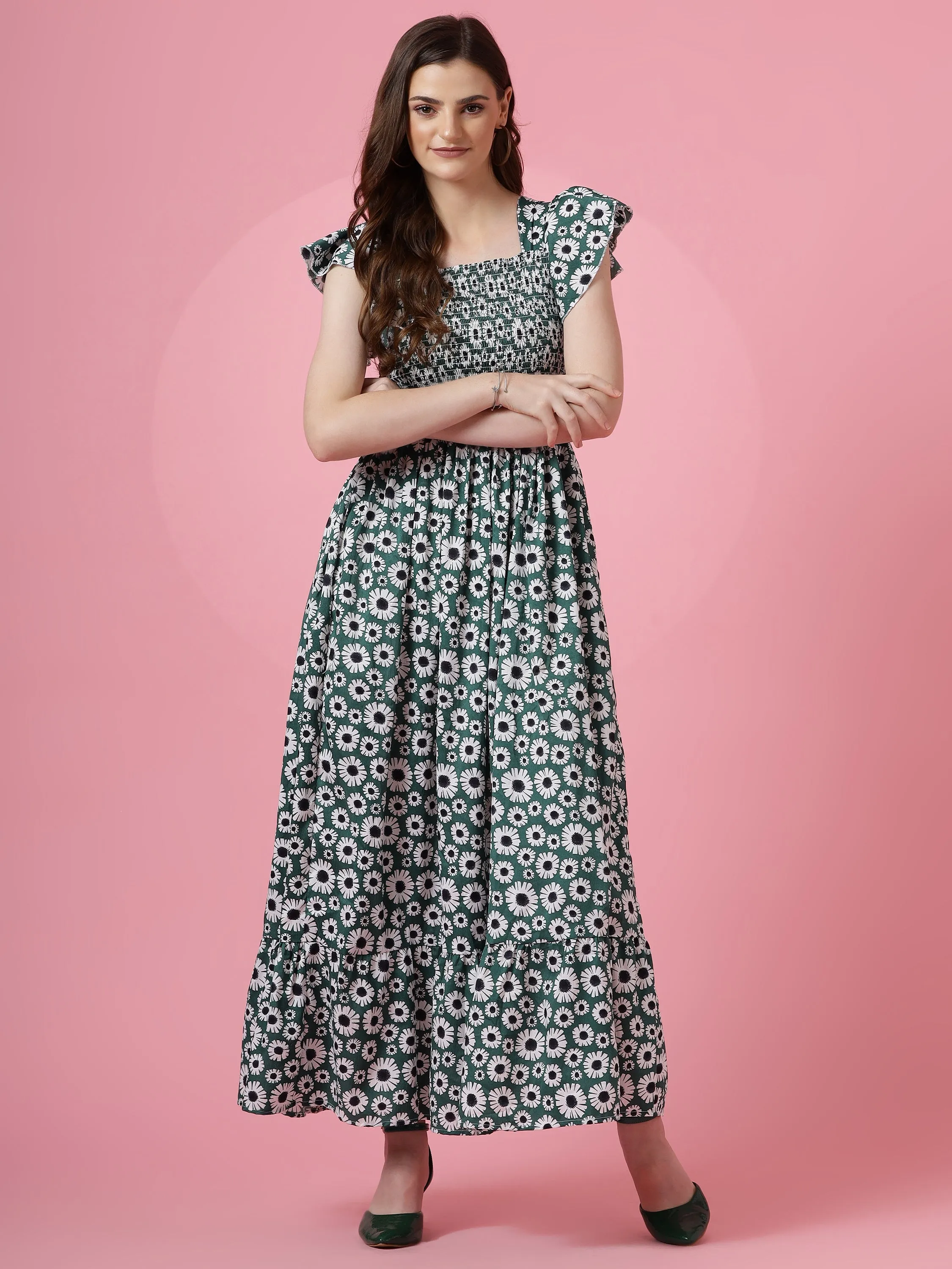 Green Floral Square Neck Maxi Dress