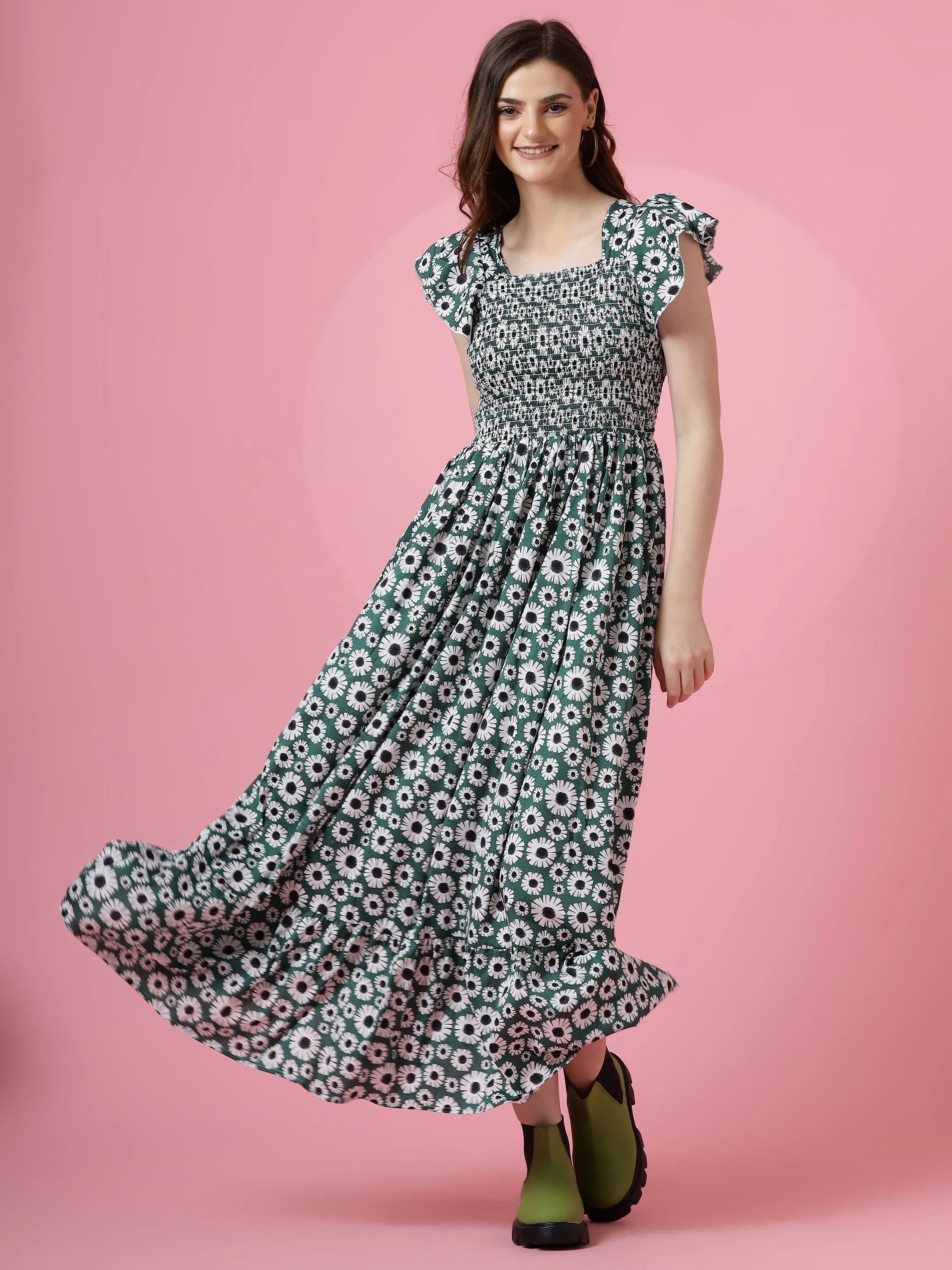Green Floral Square Neck Maxi Dress