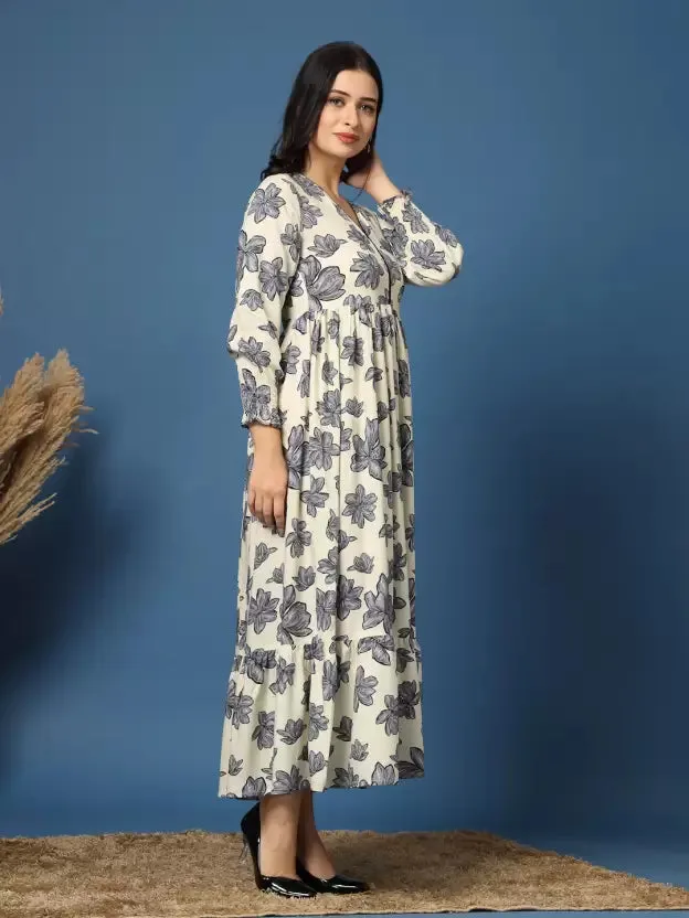 Grey Floral Fit and Flare Maxi Dress