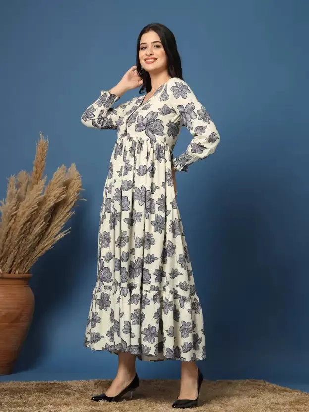 Grey Floral Fit and Flare Maxi Dress