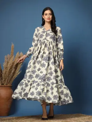Grey Floral Fit and Flare Maxi Dress