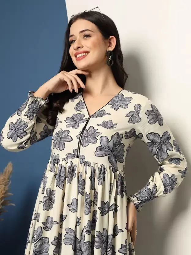 Grey Floral Fit and Flare Maxi Dress