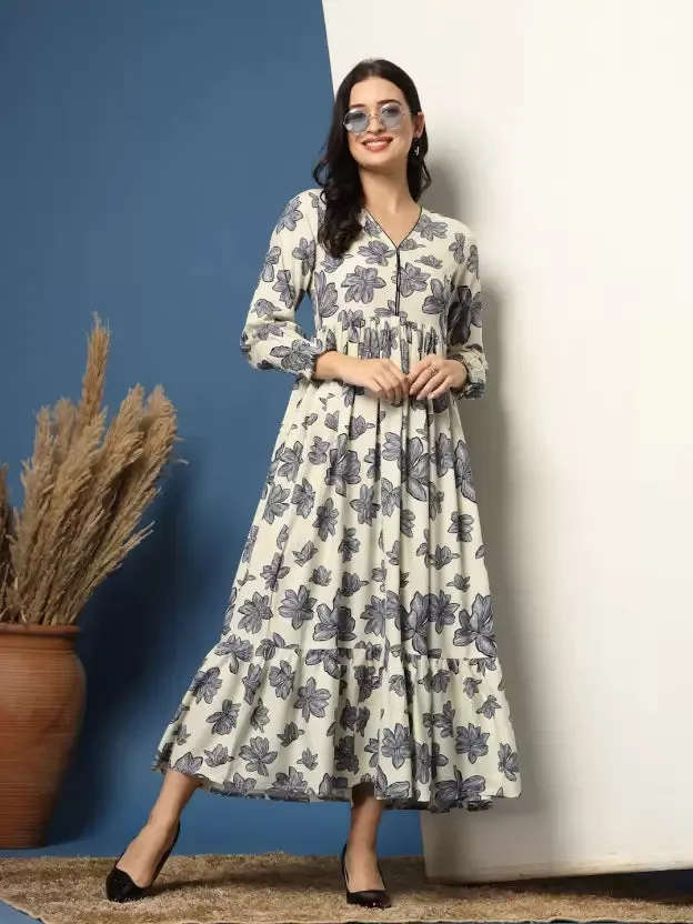 Grey Floral Fit and Flare Maxi Dress