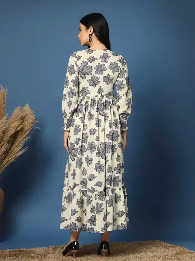 Grey Floral Fit and Flare Maxi Dress