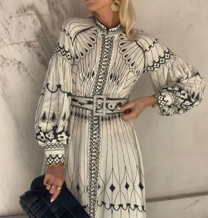 Ladies Elegant Printed Belt Fashionable Stand Collar Long Sleeve Dress
