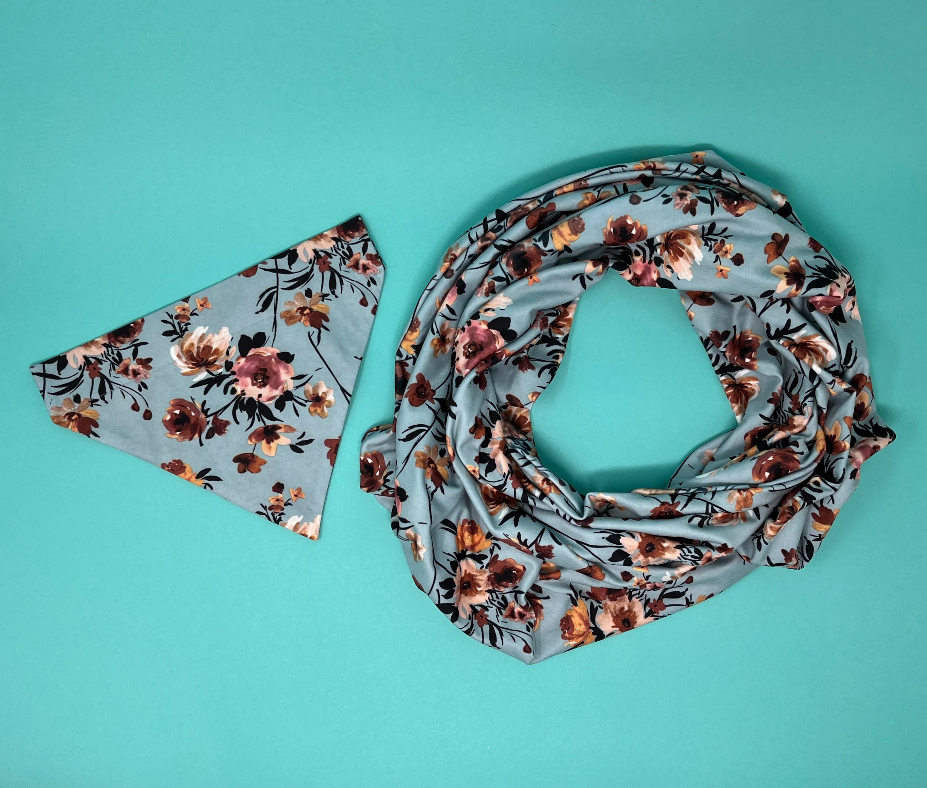 Light Blue Floral Matching Dog Bandana and Human Infinity Scarf