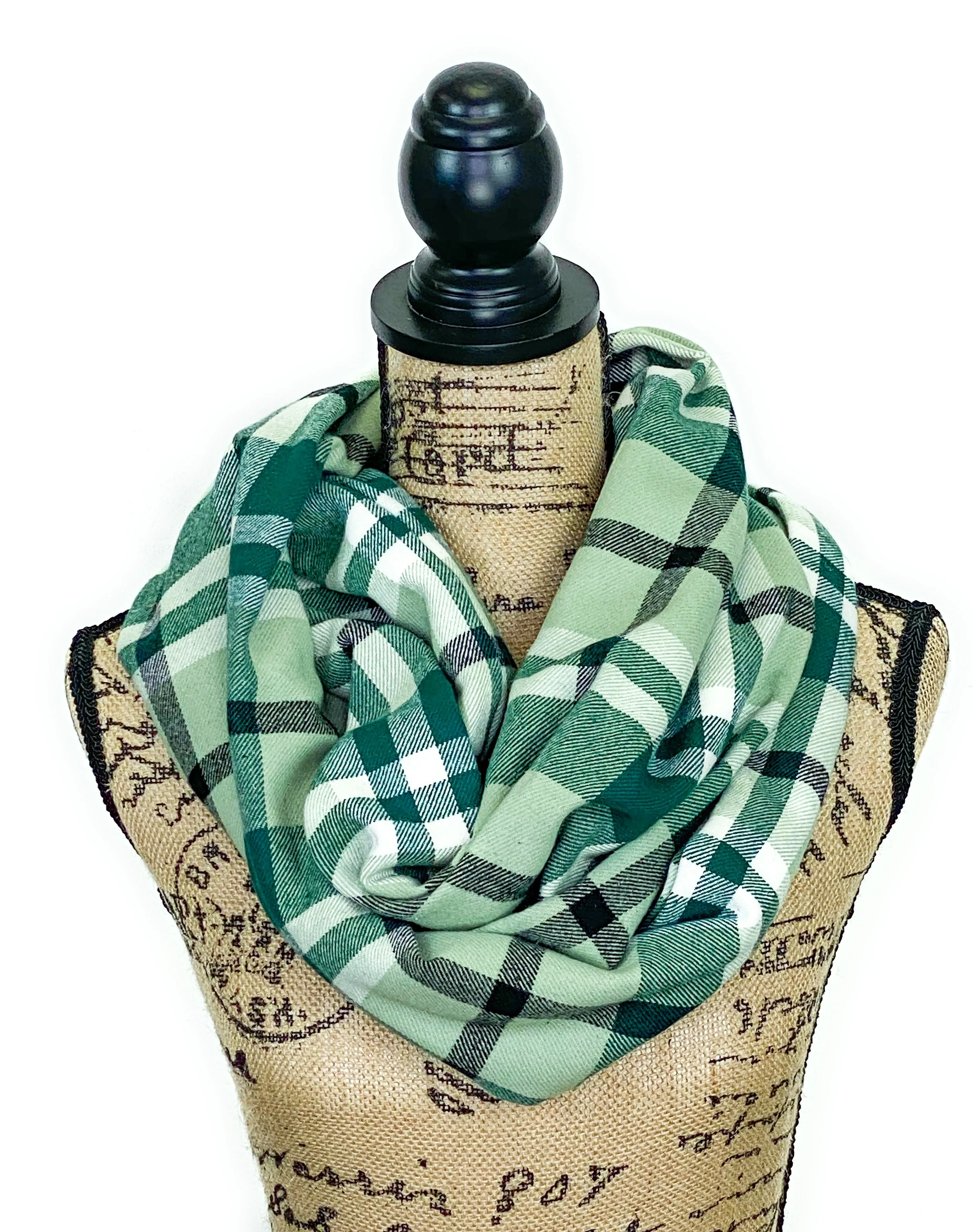 Light Eucalyptus Green, Dark Green, White, and Black Plaid Medium Weight Flannel Scarf