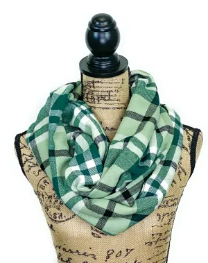 Light Eucalyptus Green, Dark Green, White, and Black Plaid Medium Weight Flannel Scarf
