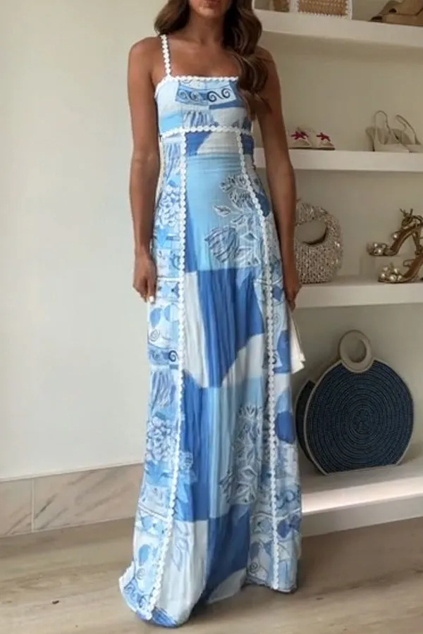 Linen Printed Backless Bow Tie Dress