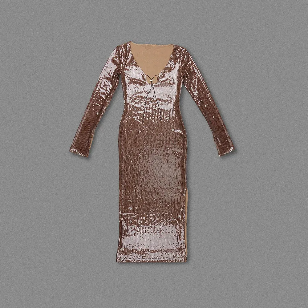 Long Sleeve Mesh Sequin Brown Bodycon Ankle Length Dress