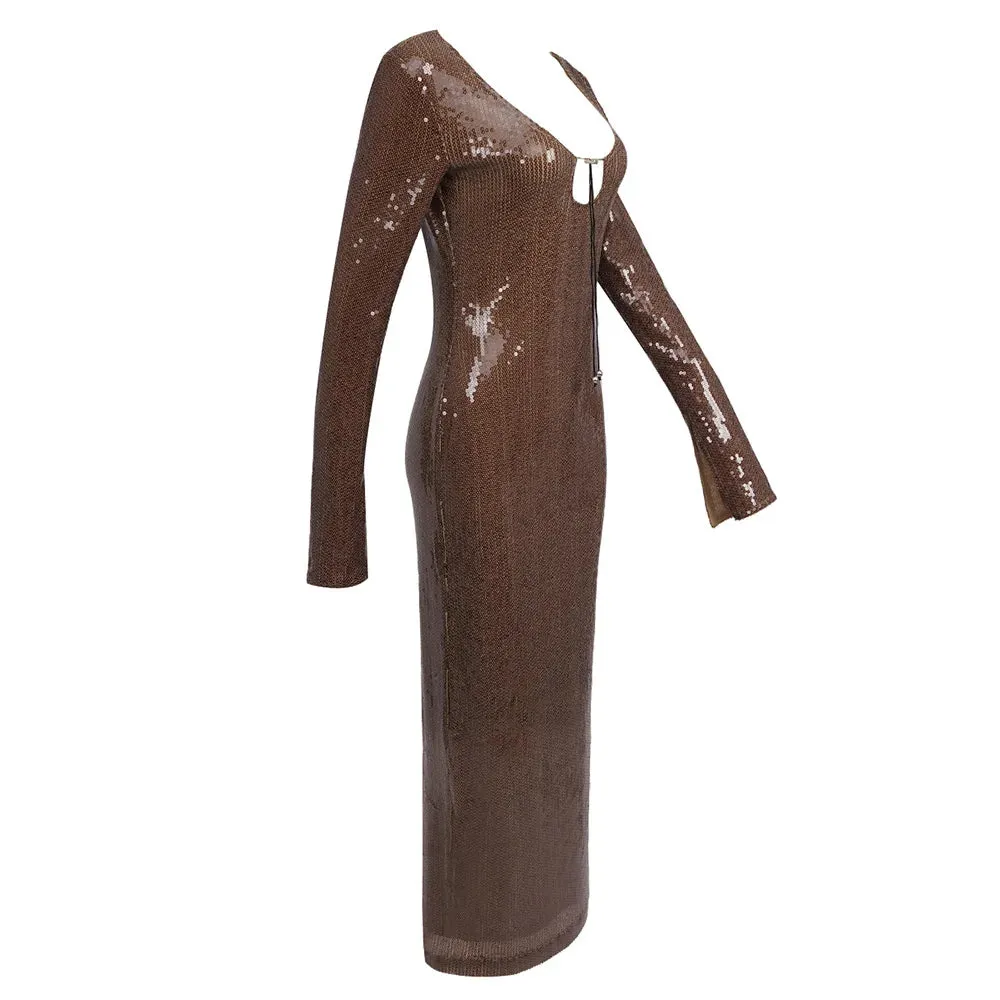 Long Sleeve Mesh Sequin Brown Bodycon Ankle Length Dress