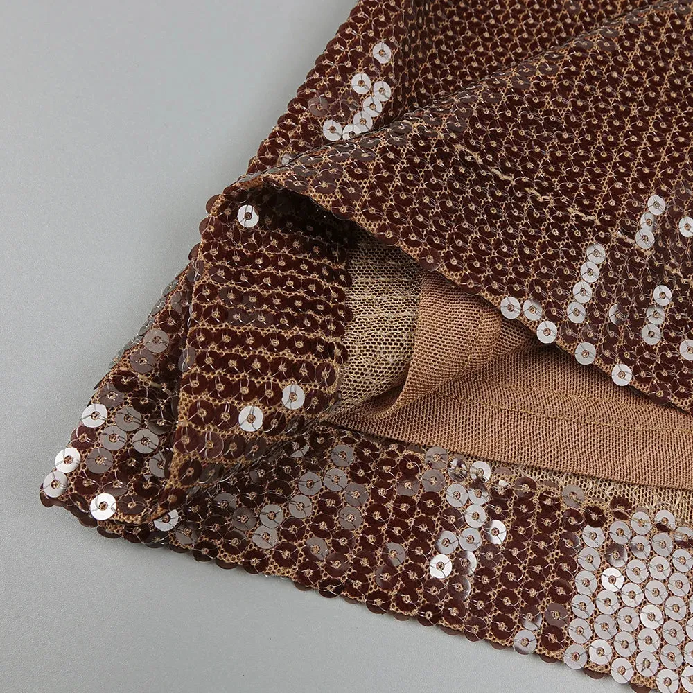 Long Sleeve Mesh Sequin Brown Bodycon Ankle Length Dress