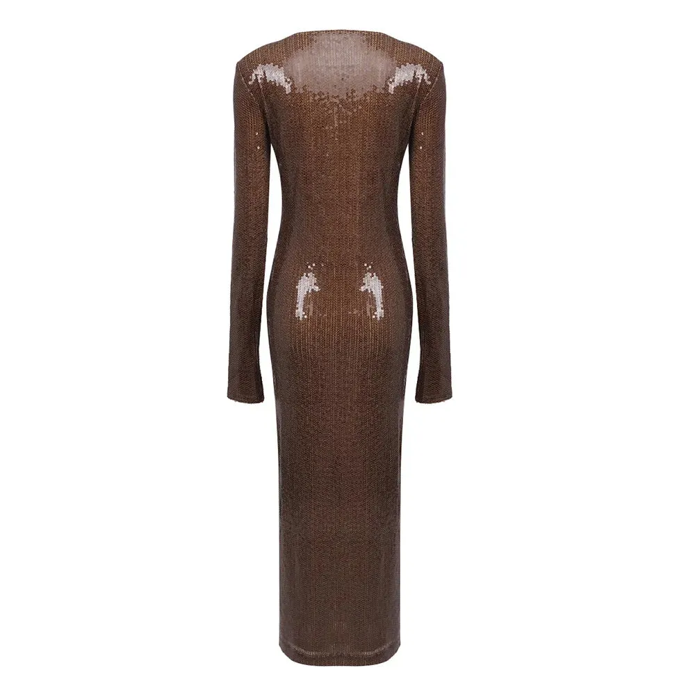 Long Sleeve Mesh Sequin Brown Bodycon Ankle Length Dress