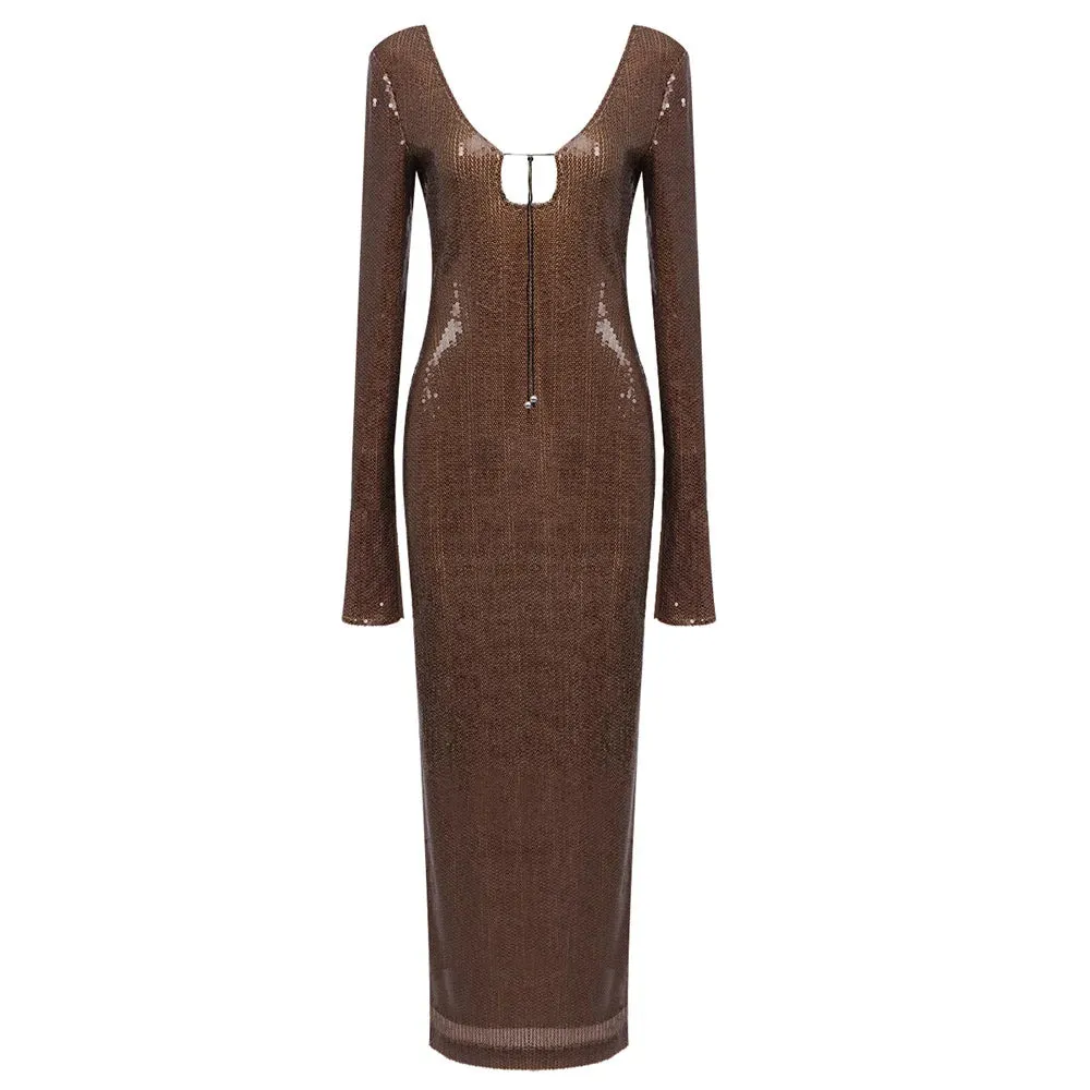 Long Sleeve Mesh Sequin Brown Bodycon Ankle Length Dress