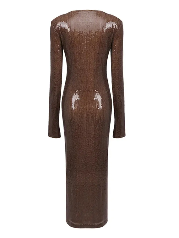 Long Sleeve Mesh Sequin Brown Bodycon Ankle Length Dress