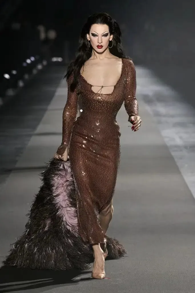 Long Sleeve Mesh Sequin Brown Bodycon Ankle Length Dress