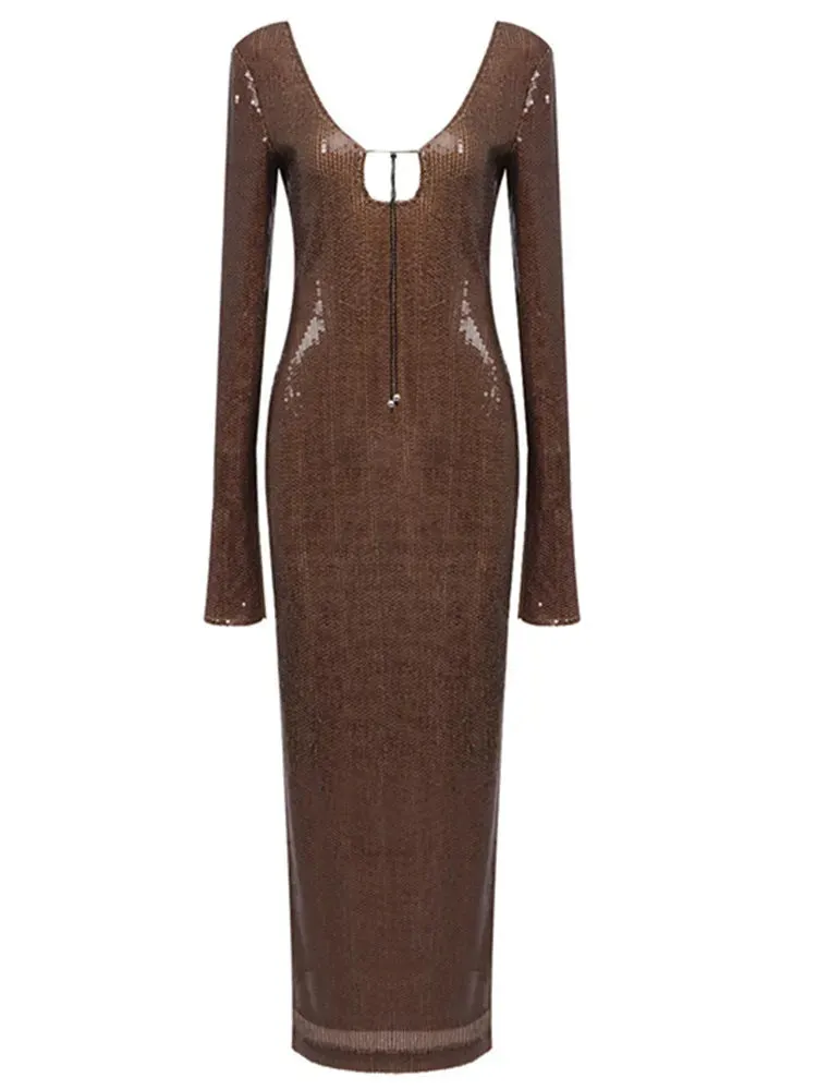 Long Sleeve Mesh Sequin Brown Bodycon Ankle Length Dress