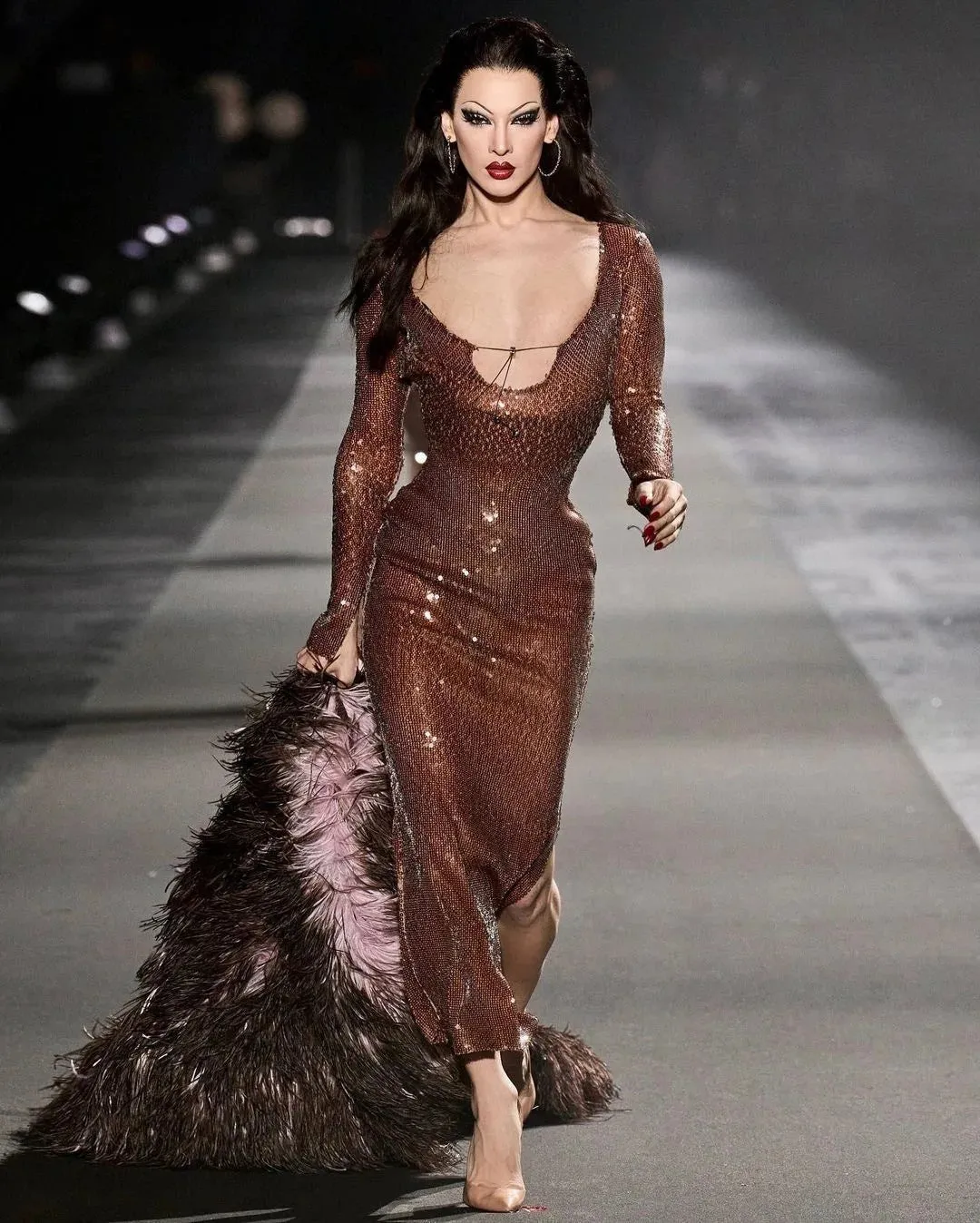 Long Sleeve Mesh Sequin Brown Bodycon Ankle Length Dress