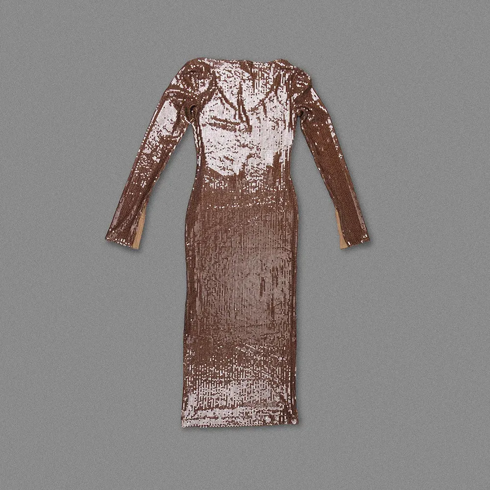 Long Sleeve Mesh Sequin Brown Bodycon Ankle Length Dress