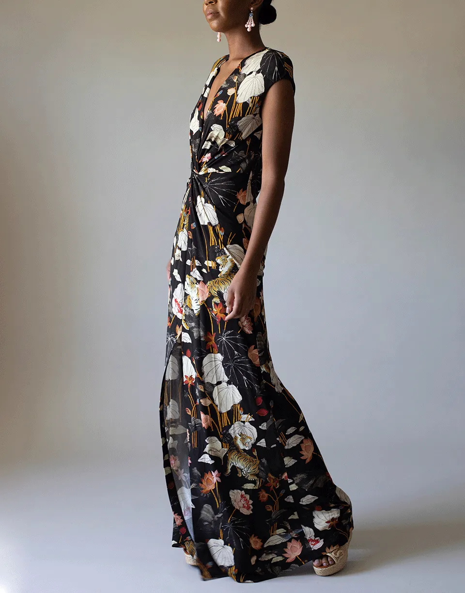 Lungo Pothia Floral Knot Front Jersey Maxi Dress