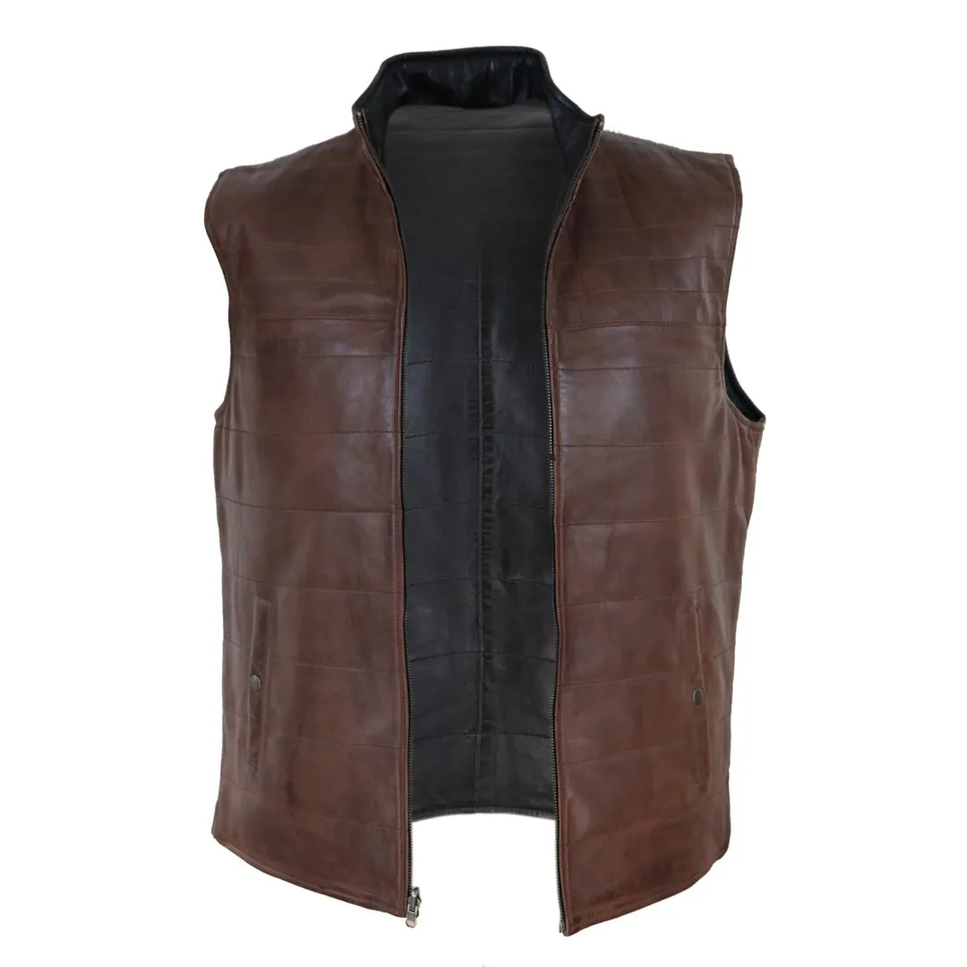 Men's Leather Black Brown Waistcoat Gilet Reversible Vest