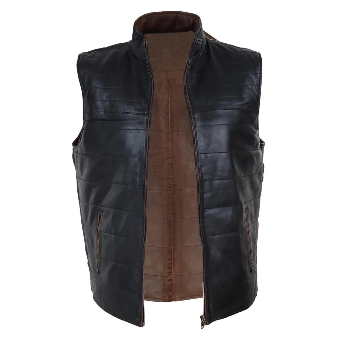 Men's Leather Black Brown Waistcoat Gilet Reversible Vest